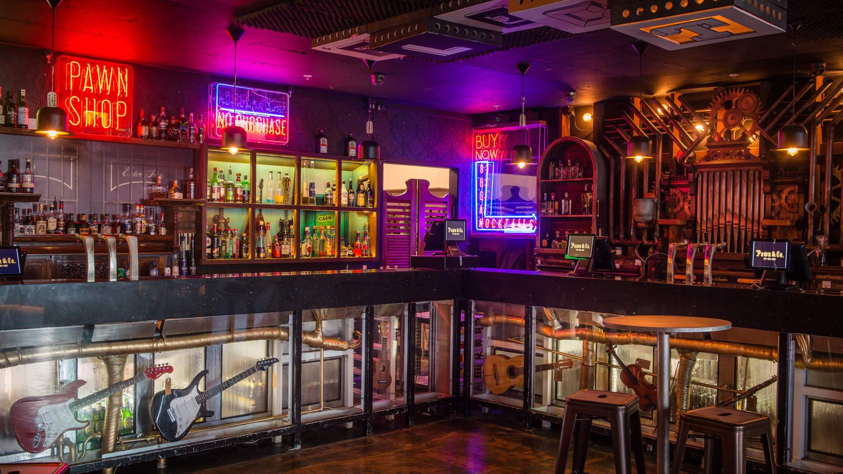 The neon-lit upper pawnshop bar at Pawn and Co Melbourne